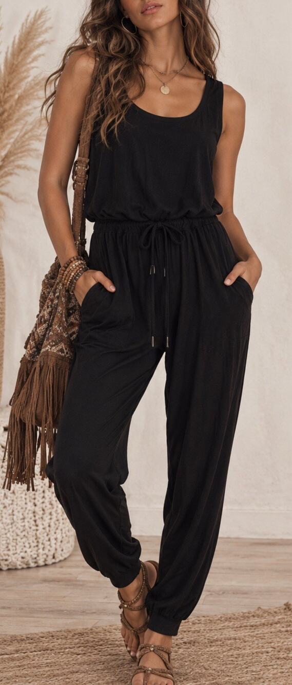 Duluth Trading Co Women XL Black Sleeveless Jumpsuit Drawstring Stretch Overall
